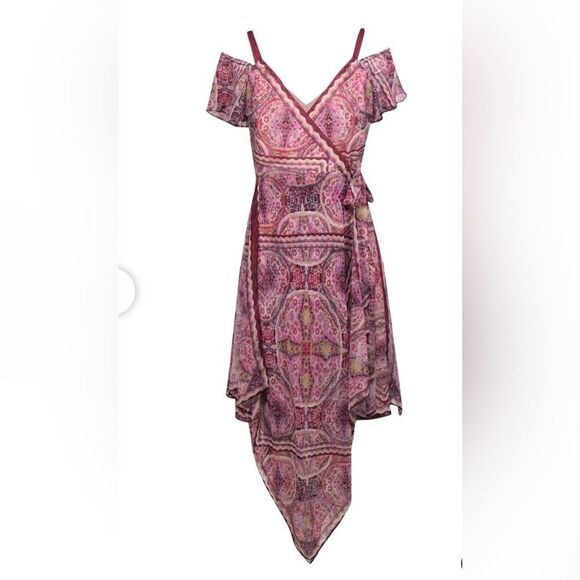 BCBG Max Azria - Purple Boho Printed Wrap Dress‎ W/ Ruffles Sz XXS - Picture 1 of 3